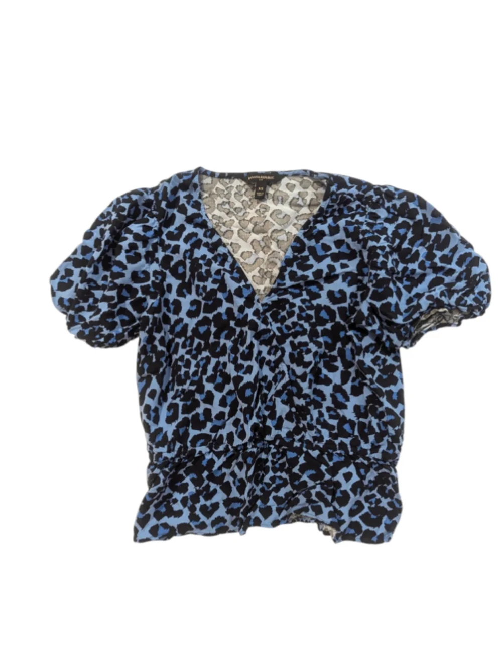 Banana Republic Wrap Front Blouse XS Blue Black Leopard Print